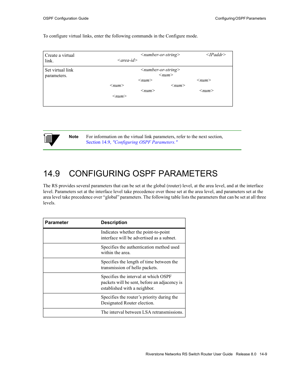 9 configuring ospf parameters, Configuring ospf parameters -9, Section 14.9, "configuring ospf parameters | Riverstone Networks WICT1-12 User Manual | Page 225 / 718
