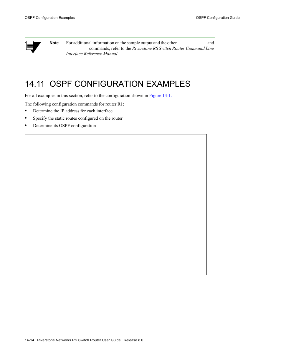 11 ospf configuration examples, Ospf configuration examples -14 | Riverstone Networks WICT1-12 User Manual | Page 230 / 718