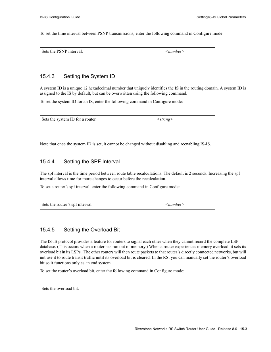 3 setting the system id, 4 setting the spf interval, 5 setting the overload bit | Setting the system id -3, Setting the spf interval -3, Setting the overload bit -3 | Riverstone Networks WICT1-12 User Manual | Page 237 / 718