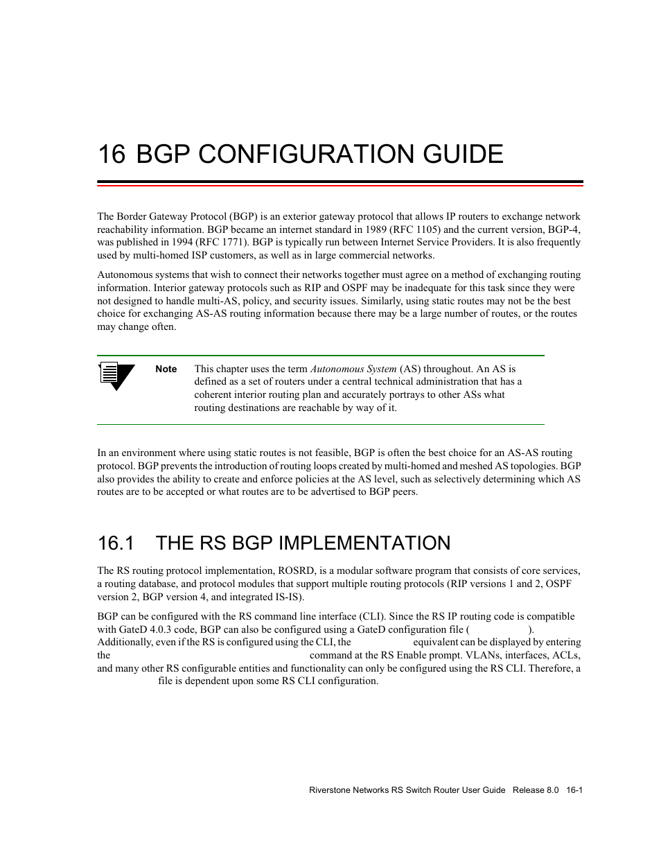 16 bgp configuration guide, 1 the rs bgp implementation, Bgp configuration guide -1 | The rs bgp implementation -1, Chapter 16, "bgp configuration guide | Riverstone Networks WICT1-12 User Manual | Page 259 / 718
