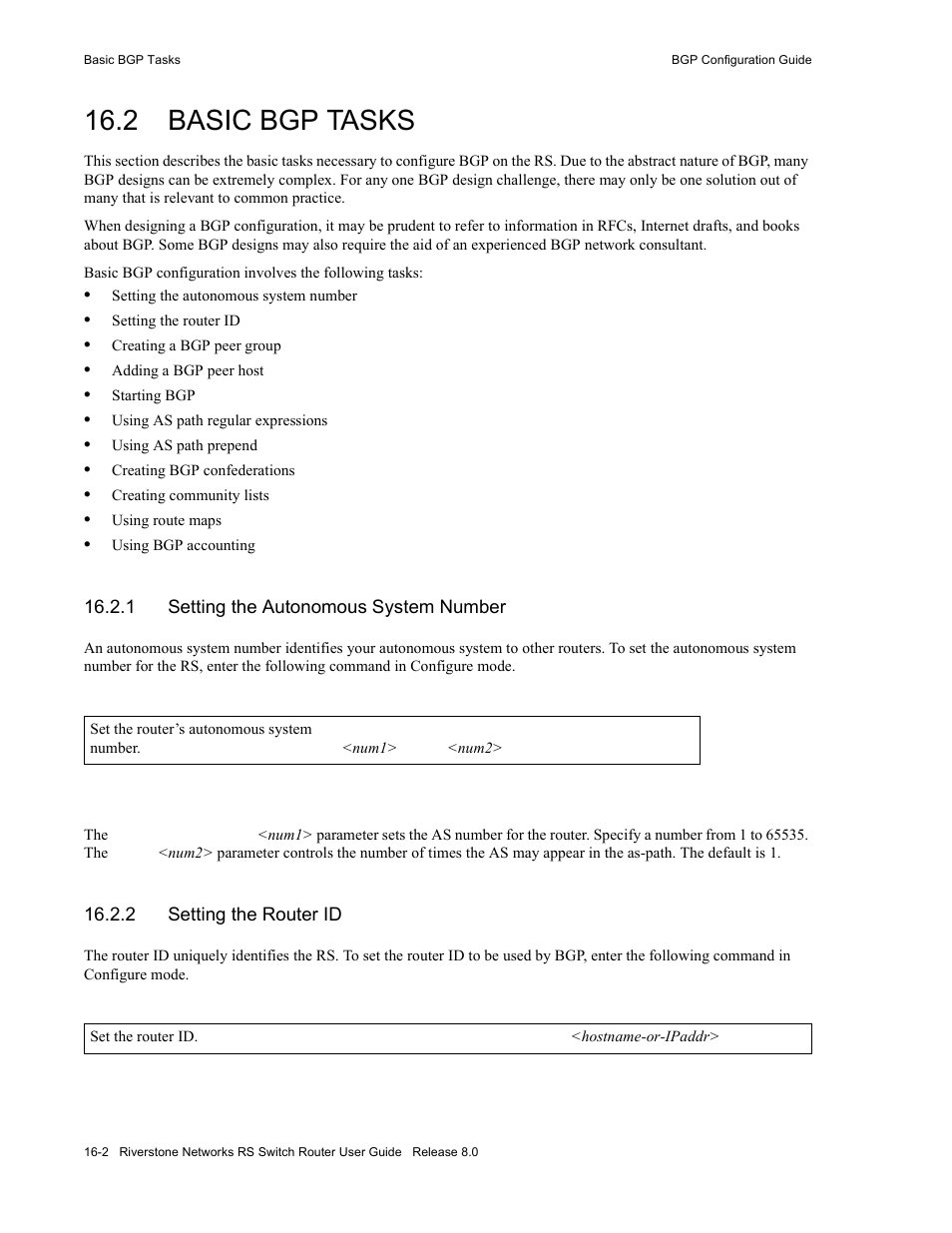 2 basic bgp tasks, 1 setting the autonomous system number, 2 setting the router id | Basic bgp tasks -2, Setting the autonomous system number -2, Setting the router id -2 | Riverstone Networks WICT1-12 User Manual | Page 260 / 718