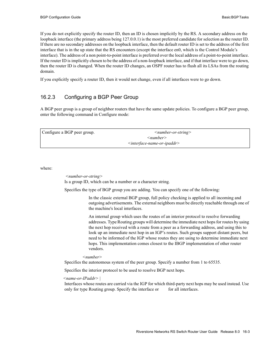 3 configuring a bgp peer group, Configuring a bgp peer group -3 | Riverstone Networks WICT1-12 User Manual | Page 261 / 718