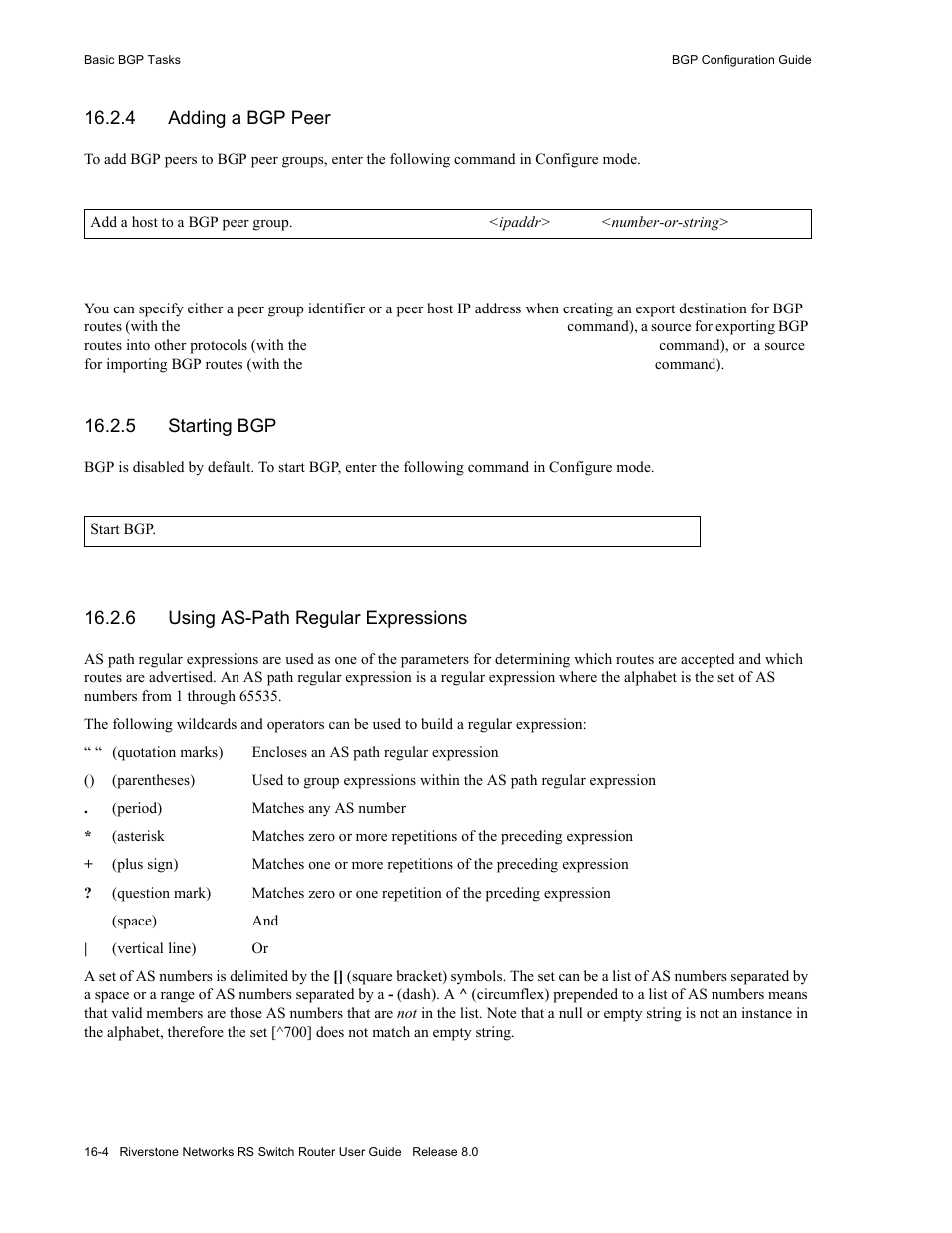 4 adding a bgp peer, 5 starting bgp, 6 using as-path regular expressions | Adding a bgp peer -4, Starting bgp -4, Using as-path regular expressions -4 | Riverstone Networks WICT1-12 User Manual | Page 262 / 718