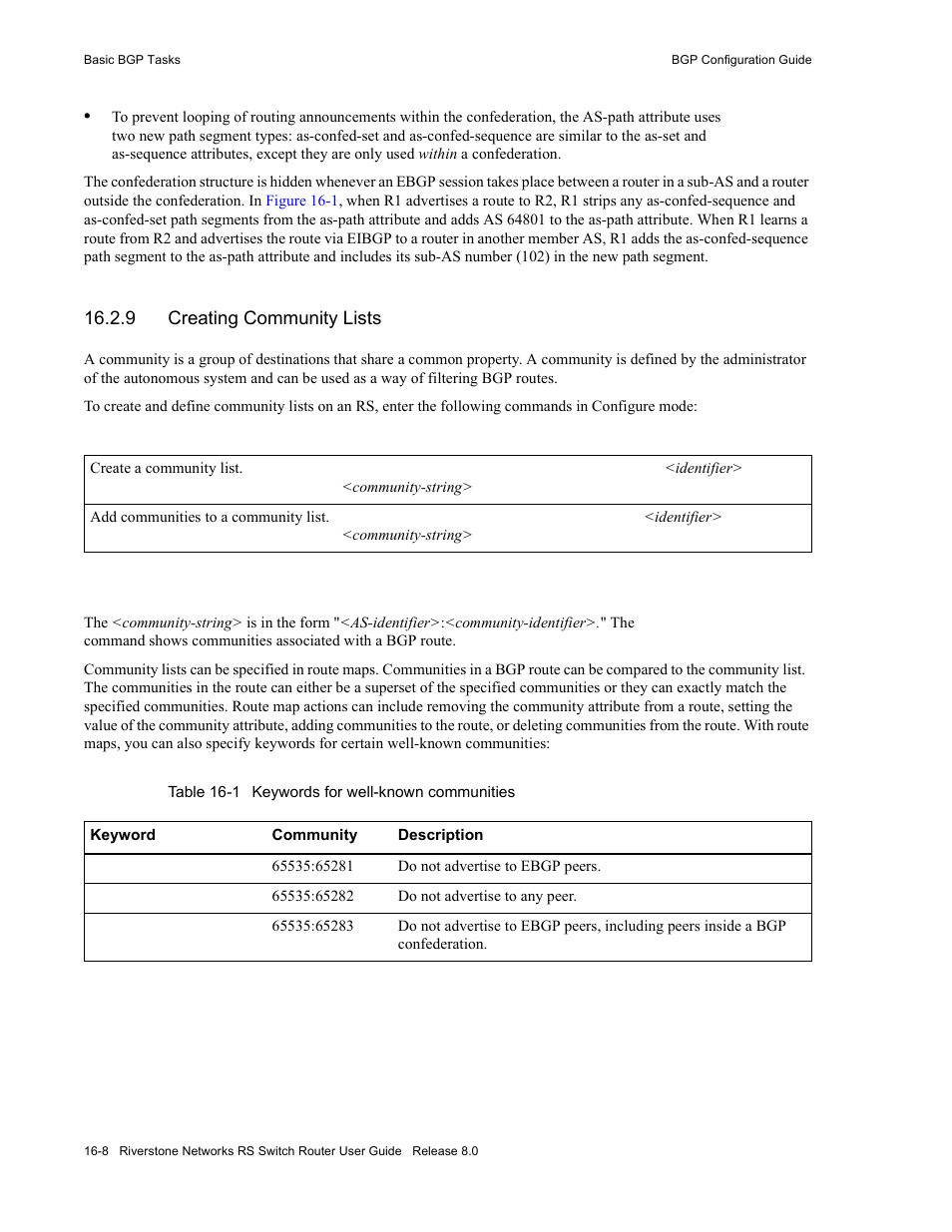 9 creating community lists, Creating community lists -8, Table 16-1 keywords for well-known communities -8 | Riverstone Networks WICT1-12 User Manual | Page 266 / 718