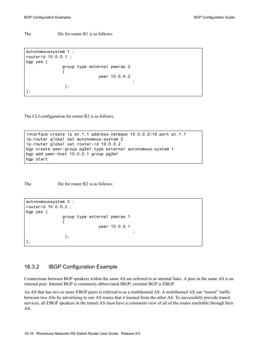 2 ibgp configuration example, Ibgp configuration example -16 | Riverstone Networks WICT1-12 User Manual | Page 274 / 718
