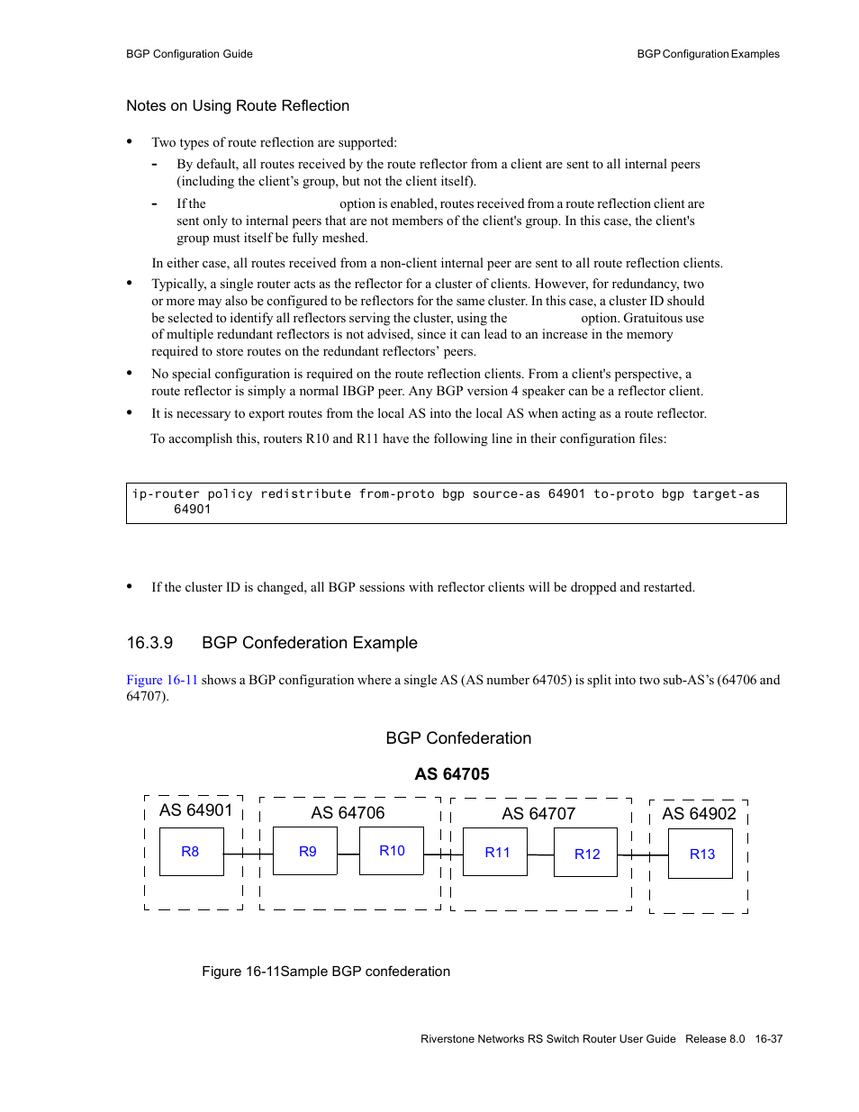 9 bgp confederation example, Bgp confederation example -37, Figure 16-11 sample bgp confederation -37 | Riverstone Networks WICT1-12 User Manual | Page 295 / 718