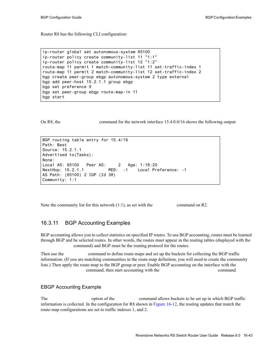 11 bgp accounting examples, Bgp accounting examples -43 | Riverstone Networks WICT1-12 User Manual | Page 301 / 718