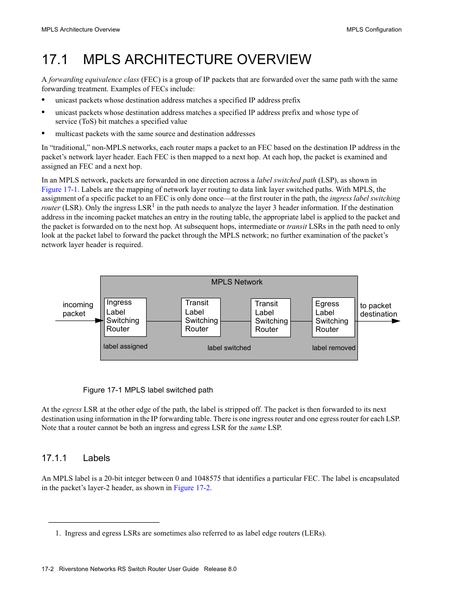 1 mpls architecture overview, 1 labels, Mpls architecture overview -2 | Labels -2, Figure 17-1 mpls label switched path -2, Section 17.1, "mpls architecture overview | Riverstone Networks WICT1-12 User Manual | Page 310 / 718