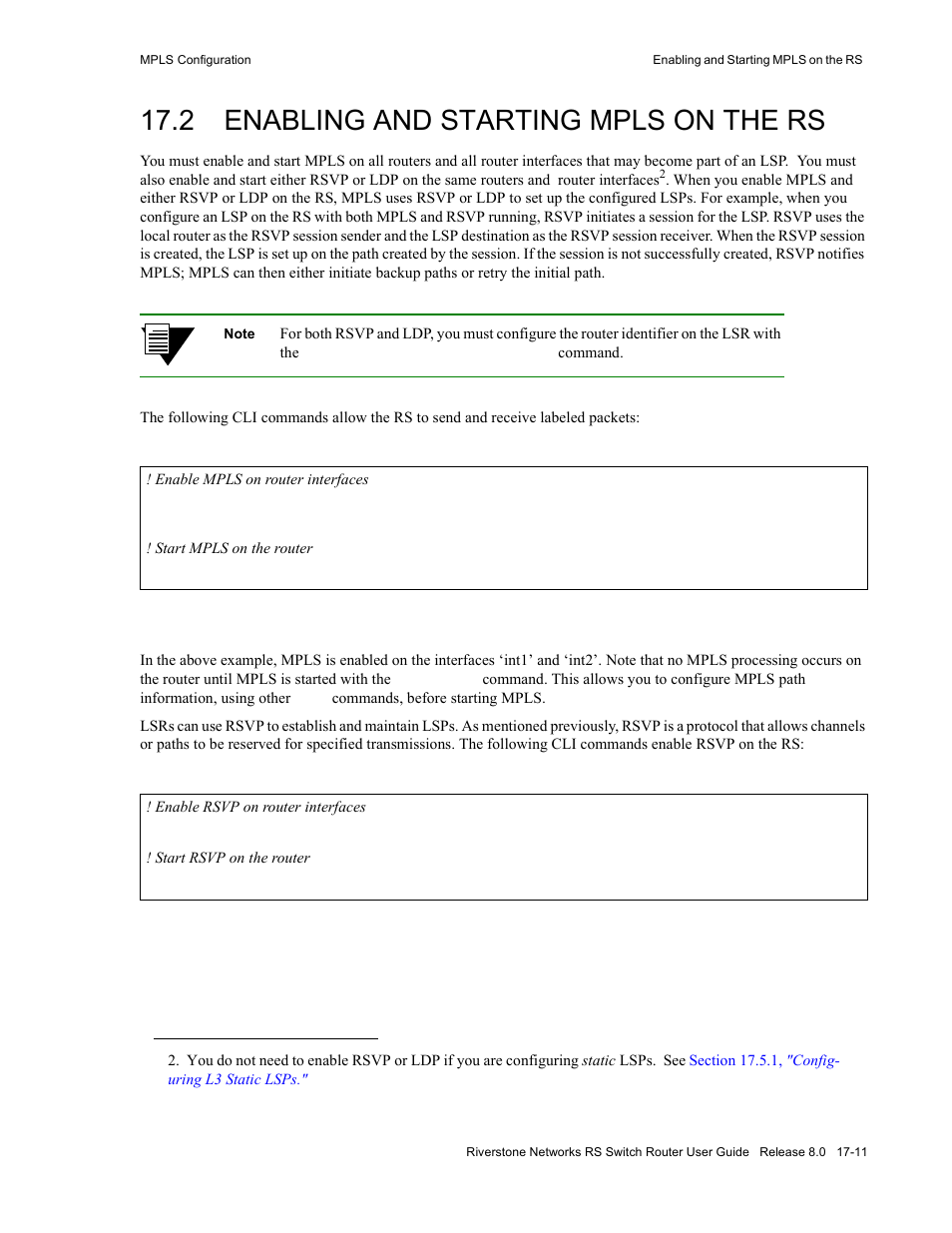 2 enabling and starting mpls on the rs, Enabling and starting mpls on the rs -11, Section 17.2, "enabling and starting mpls on | The rs | Riverstone Networks WICT1-12 User Manual | Page 319 / 718