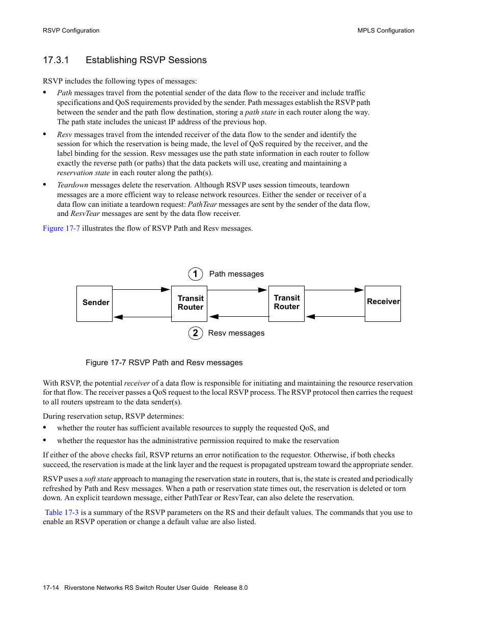 1 establishing rsvp sessions, Establishing rsvp sessions -14, Figure 17-7 rsvp path and resv messages -14 | Riverstone Networks WICT1-12 User Manual | Page 322 / 718