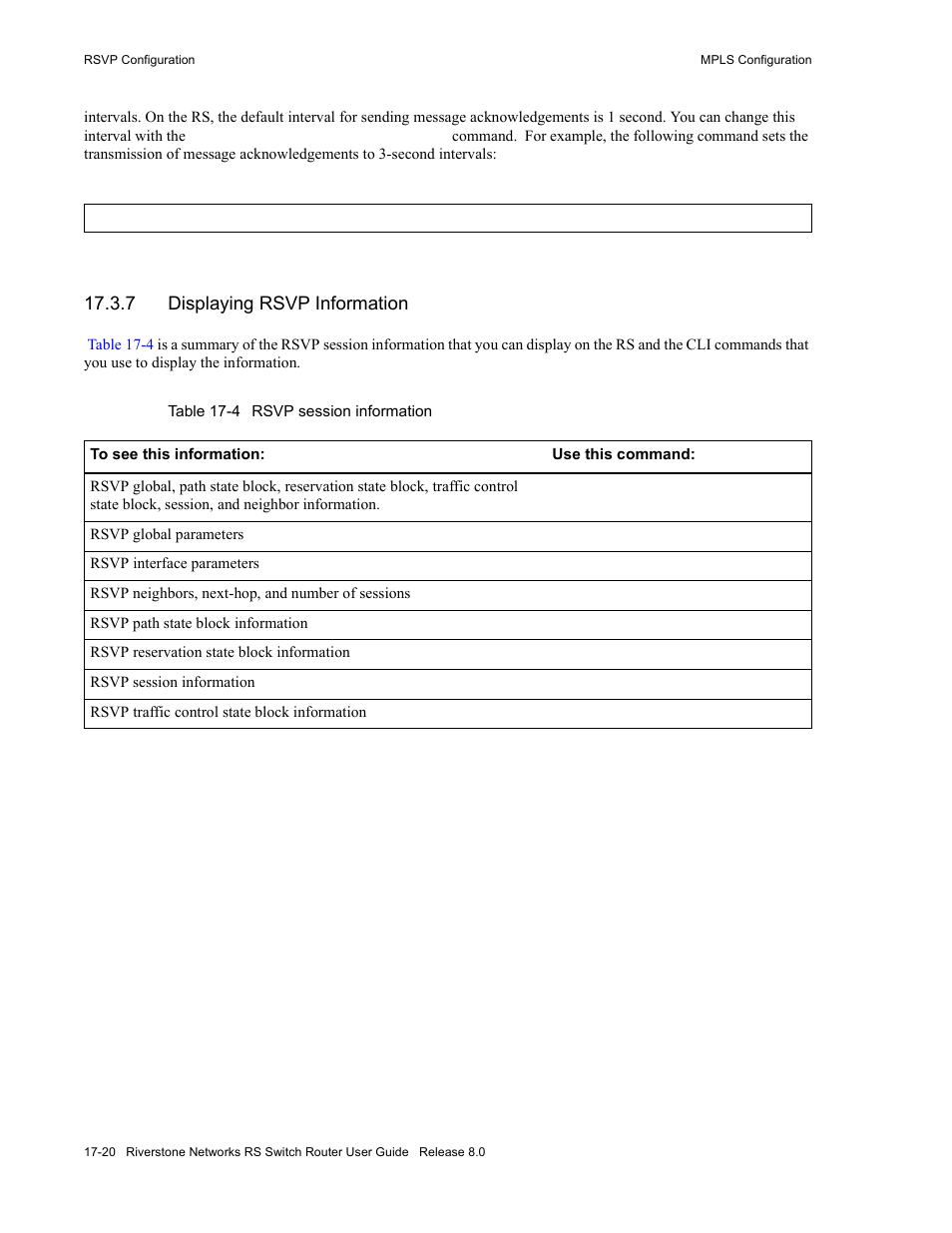 7 displaying rsvp information, Displaying rsvp information -20, Table 17-4 rsvp session information -20 | Riverstone Networks WICT1-12 User Manual | Page 328 / 718