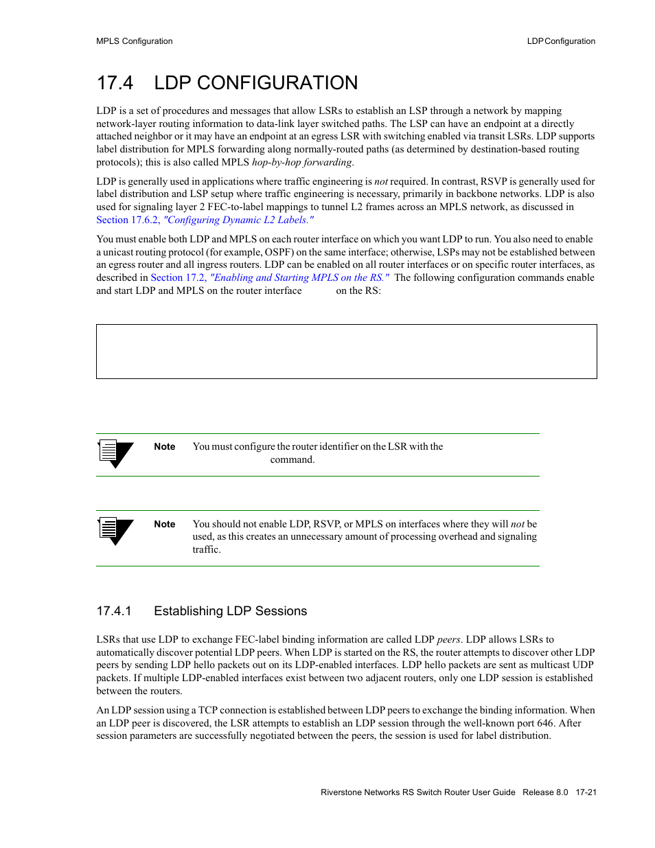 4 ldp configuration, 1 establishing ldp sessions, Ldp configuration -21 | Establishing ldp sessions -21, Section 17.4, "ldp, Configuration, Section 17.4, "ldp configuration | Riverstone Networks WICT1-12 User Manual | Page 329 / 718