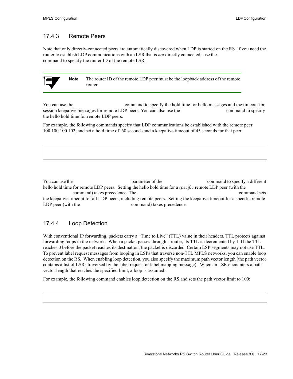 3 remote peers, 4 loop detection, Remote peers -23 | Loop detection -23, Section 17.4.3, "remote peers | Riverstone Networks WICT1-12 User Manual | Page 331 / 718