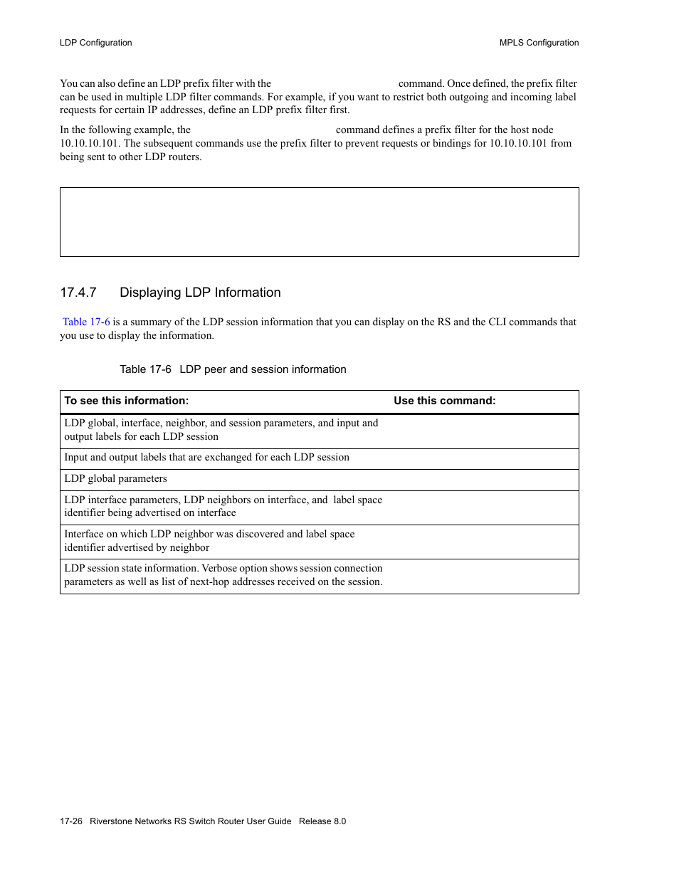 7 displaying ldp information, Displaying ldp information -26, Table 17-6 ldp peer and session information -26 | Riverstone Networks WICT1-12 User Manual | Page 334 / 718
