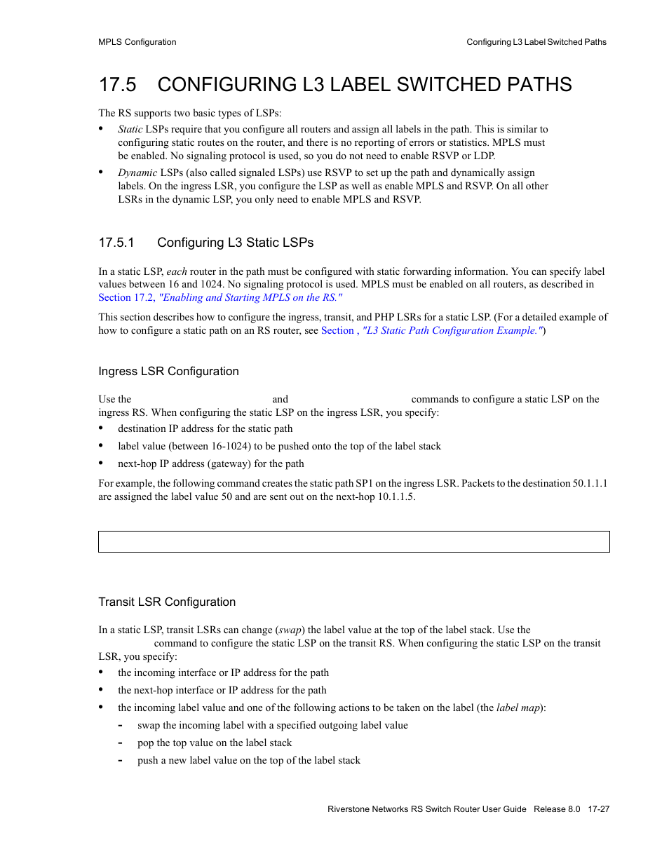 5 configuring l3 label switched paths, 1 configuring l3 static lsps, Configuring l3 label switched paths -27 | Configuring l3 static lsps -27, Section 17.5, "configuring l3 label switched paths | Riverstone Networks WICT1-12 User Manual | Page 335 / 718