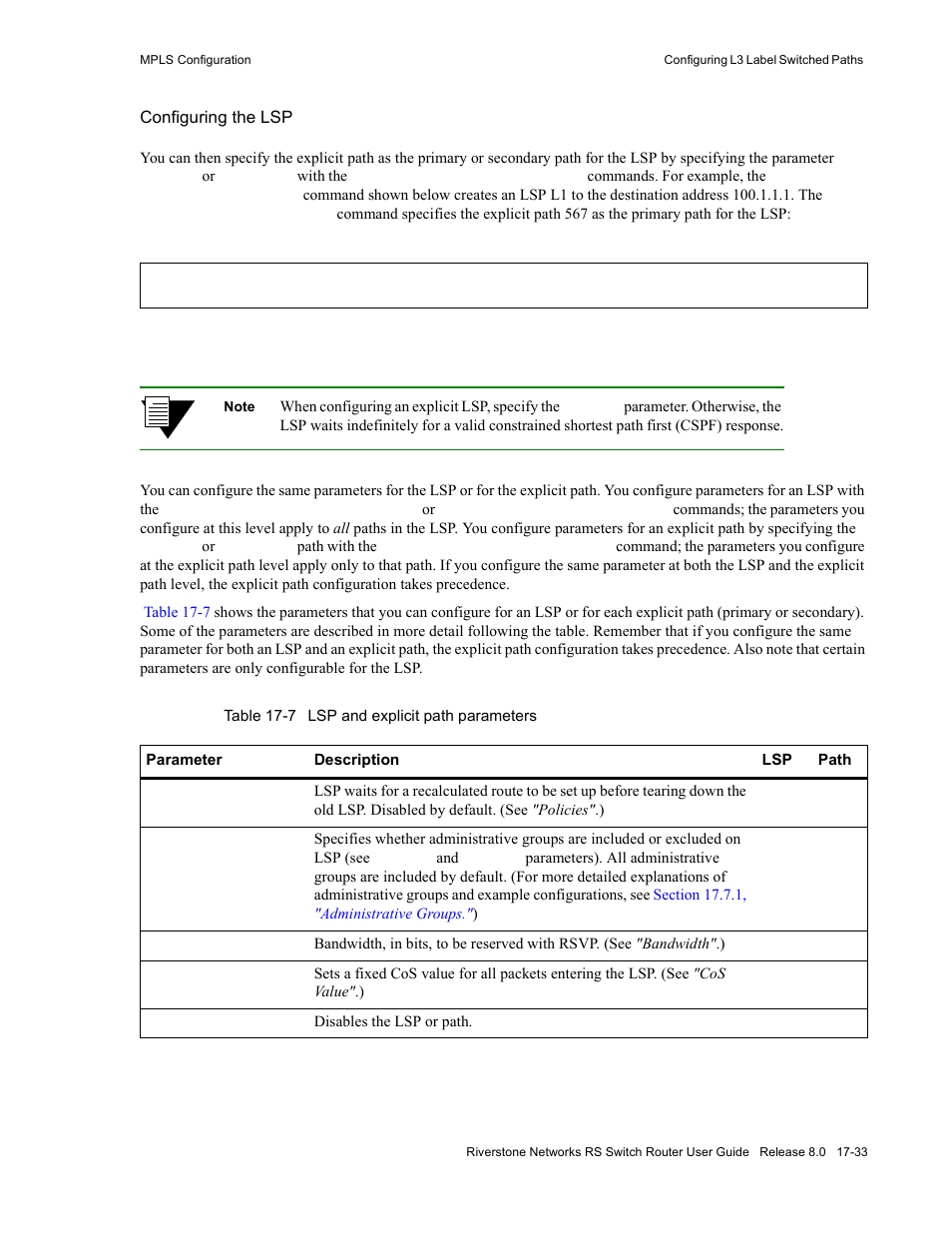 Table 17-7 lsp and explicit path parameters -33 | Riverstone Networks WICT1-12 User Manual | Page 341 / 718