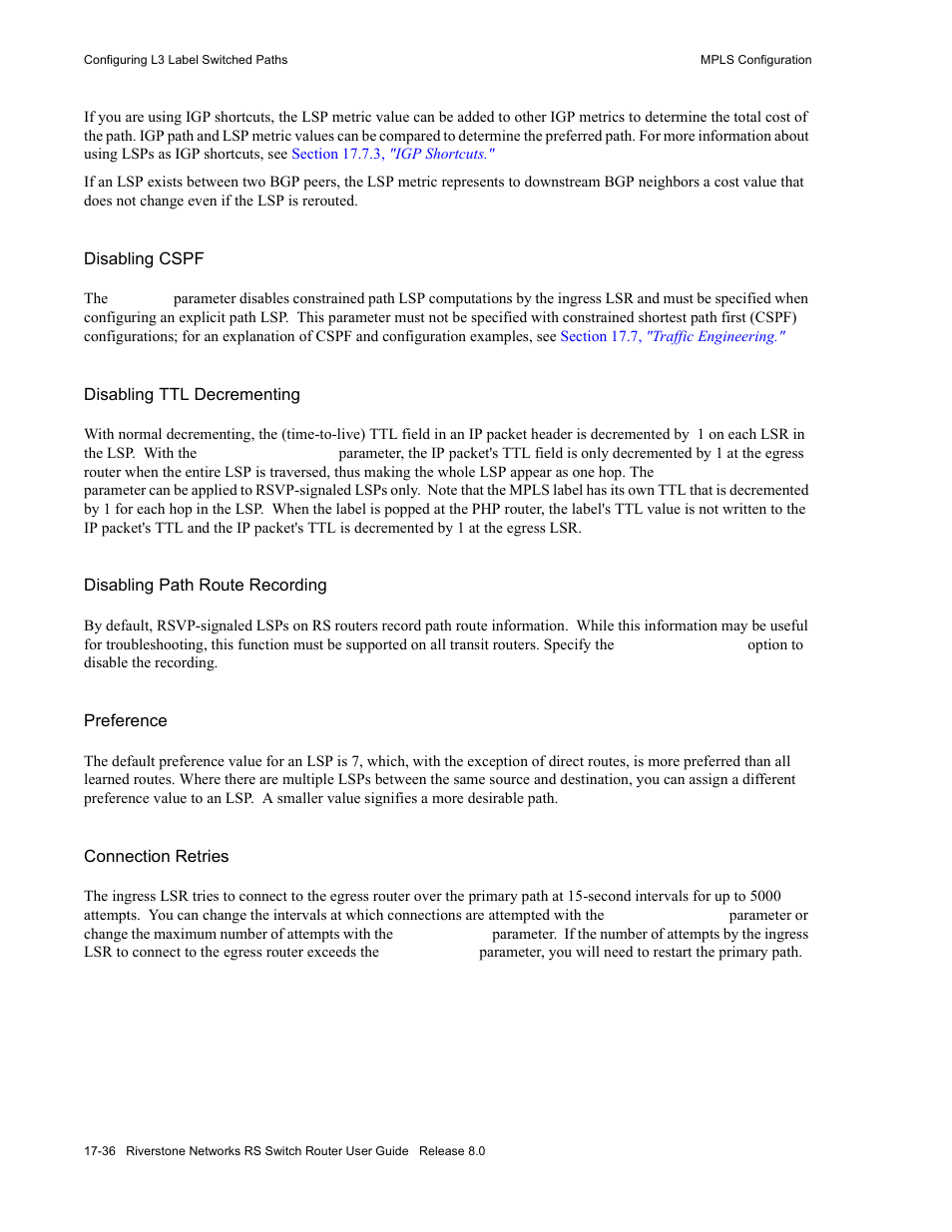 Disabling cspf, Disabling ttl decrementing, Disabling path route recording" .) | Preference" .), See "connection retries, Ee "connection retries | Riverstone Networks WICT1-12 User Manual | Page 344 / 718