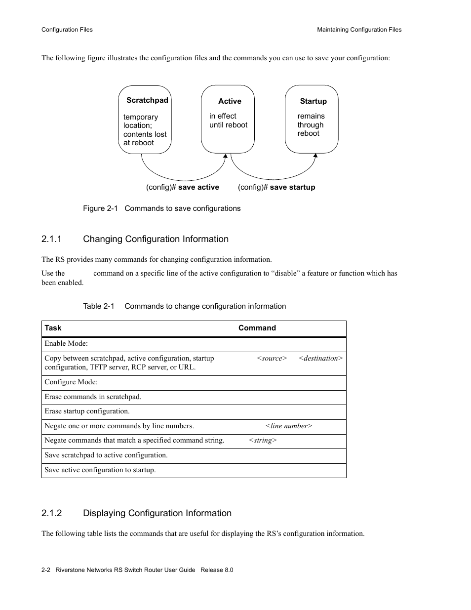 1 changing configuration information, 2 displaying configuration information, Changing configuration information -2 | Displaying configuration information -2, Figure 2-1, Commands to save configurations -2, Table 2-1, Commands to change configuration information -2 | Riverstone Networks WICT1-12 User Manual | Page 36 / 718