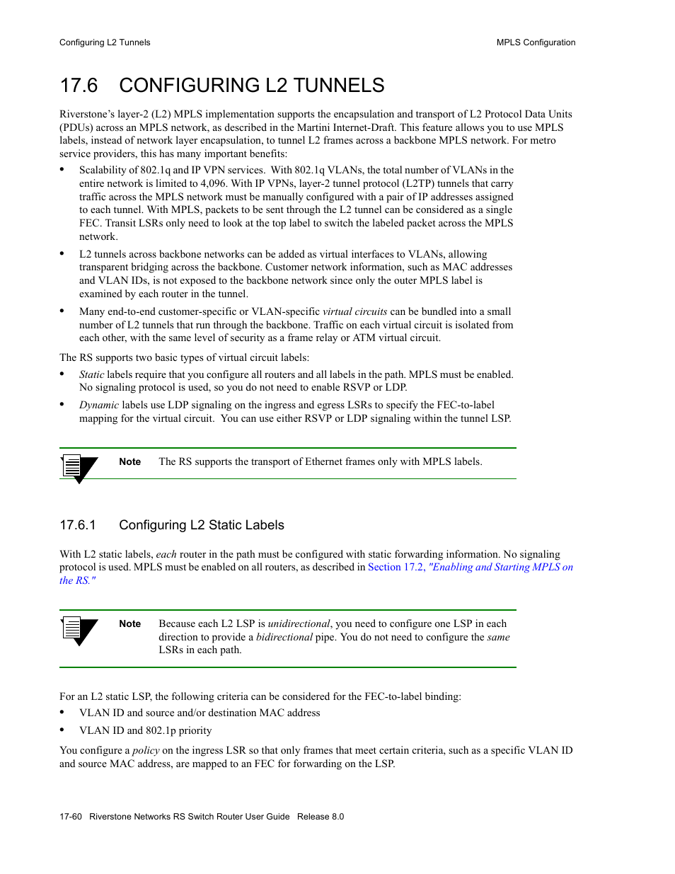 6 configuring l2 tunnels, 1 configuring l2 static labels, Configuring l2 tunnels -60 | Configuring l2 static labels -60, Section 17.6, "configuring l2 tunnels, Section 17.6, Configuring l2 tunnels | Riverstone Networks WICT1-12 User Manual | Page 368 / 718
