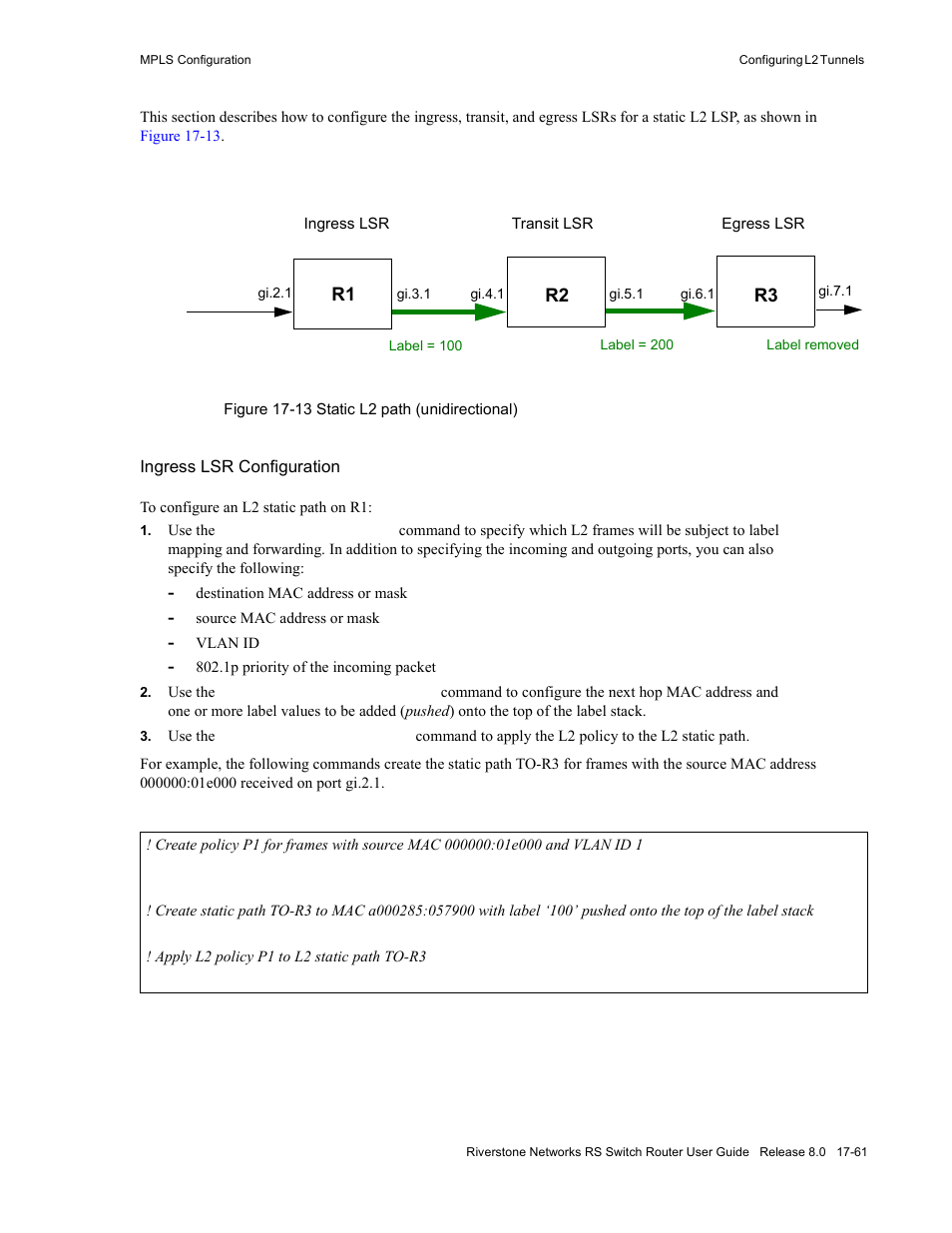 Figure 17-13 static l2 path (unidirectional) -61 | Riverstone Networks WICT1-12 User Manual | Page 369 / 718
