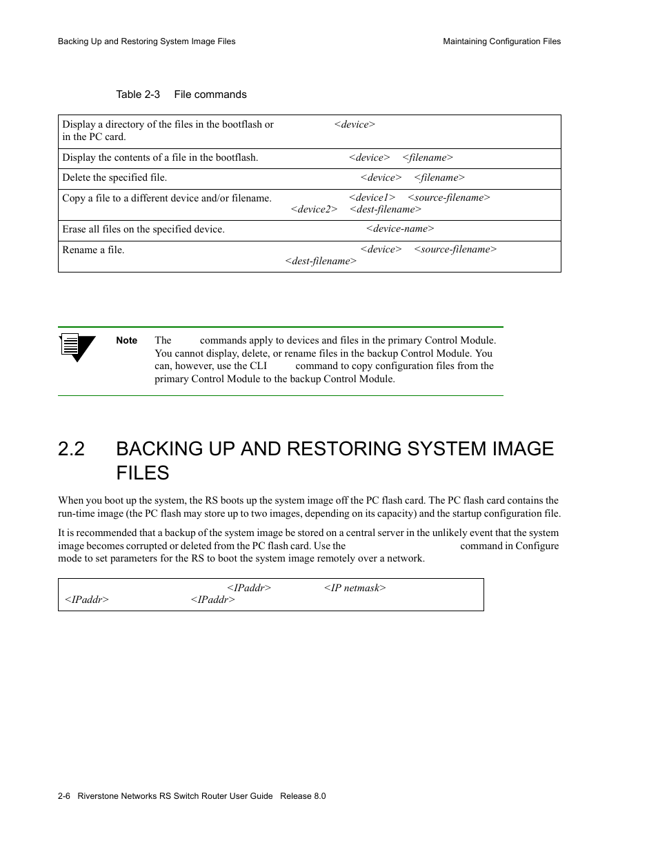 2 backing up and restoring system image files, Backing up and restoring system image files -6, Table 2-3 | File commands -6 | Riverstone Networks WICT1-12 User Manual | Page 40 / 718