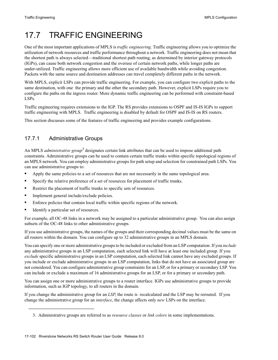 7 traffic engineering, 1 administrative groups, Traffic engineering -102 | Administrative groups -102, Section 17.7, "traffic engineering, Section 17.7.1, Administrative groups, Section 17.7.1, "administrative groups | Riverstone Networks WICT1-12 User Manual | Page 410 / 718