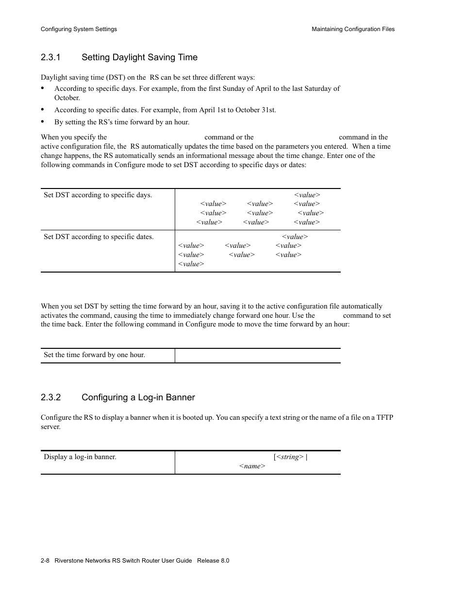 1 setting daylight saving time, 2 configuring a log-in banner, Setting daylight saving time -8 | Configuring a log-in banner -8 | Riverstone Networks WICT1-12 User Manual | Page 42 / 718