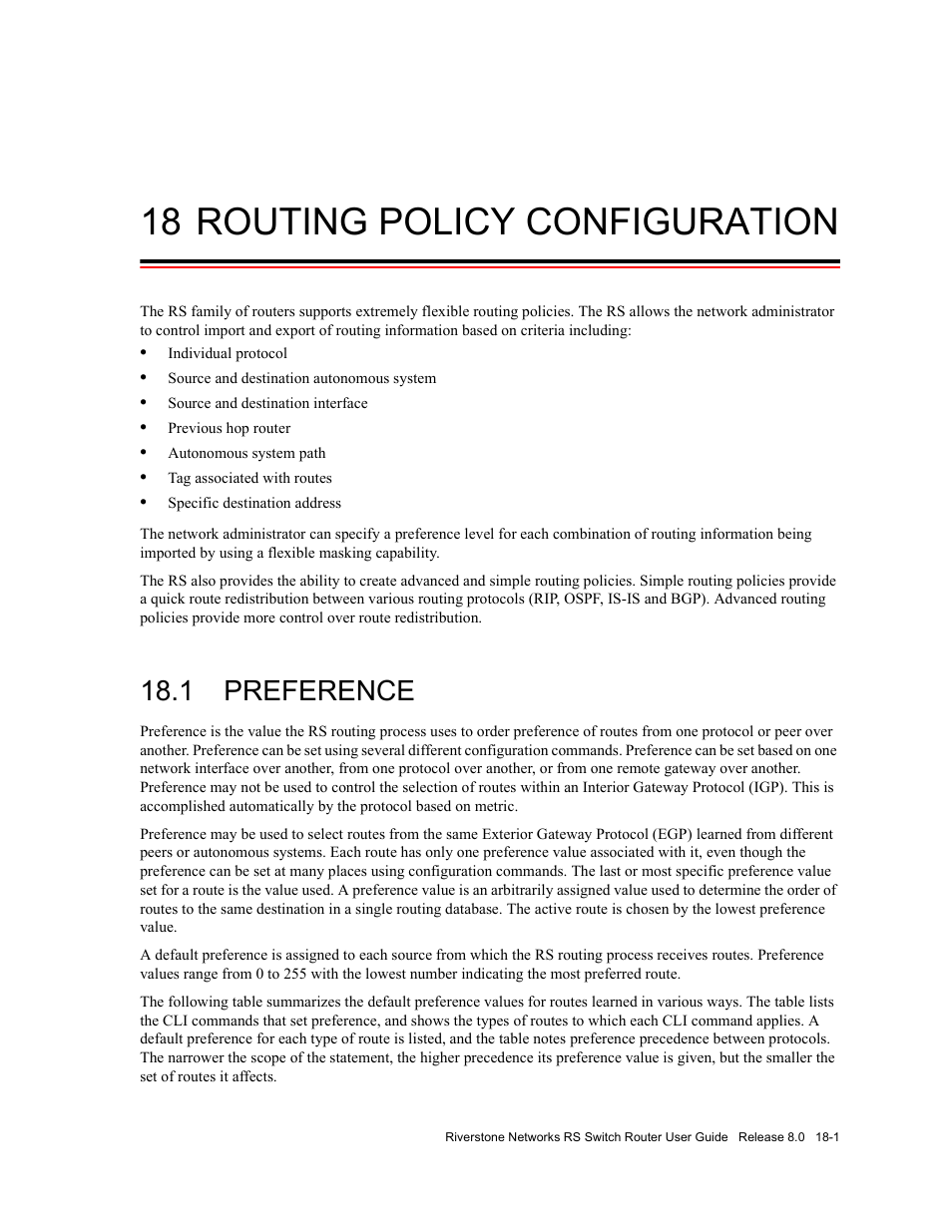 18 routing policy configuration, 1 preference, Routing policy configuration -1 | Preference -1 | Riverstone Networks WICT1-12 User Manual | Page 431 / 718
