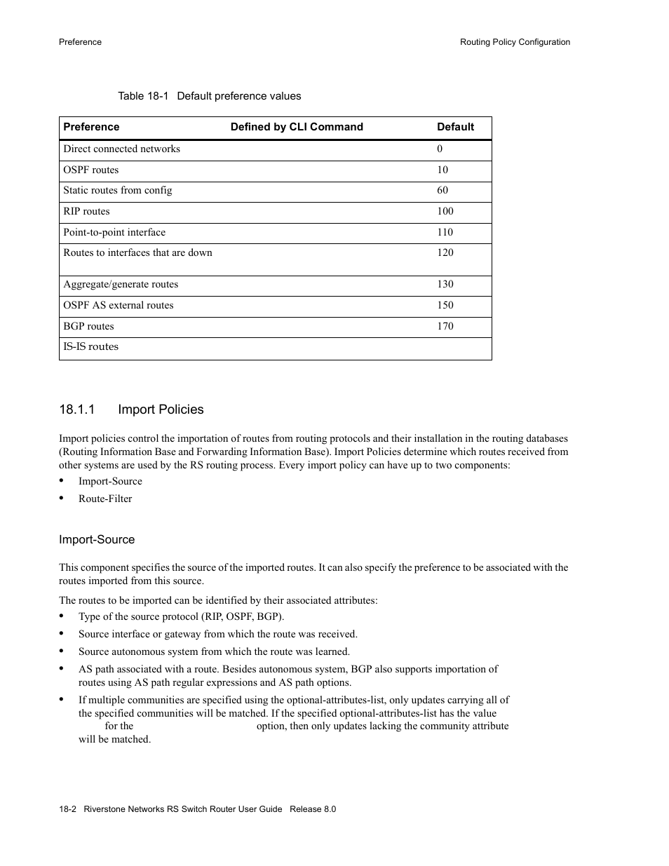 1 import policies, Import policies -2, Table 18-1 default preference values -2 | Riverstone Networks WICT1-12 User Manual | Page 432 / 718