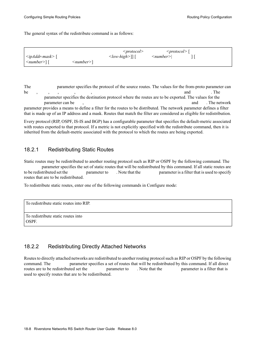 1 redistributing static routes, 2 redistributing directly attached networks, Redistributing static routes -8 | Redistributing directly attached networks -8 | Riverstone Networks WICT1-12 User Manual | Page 438 / 718