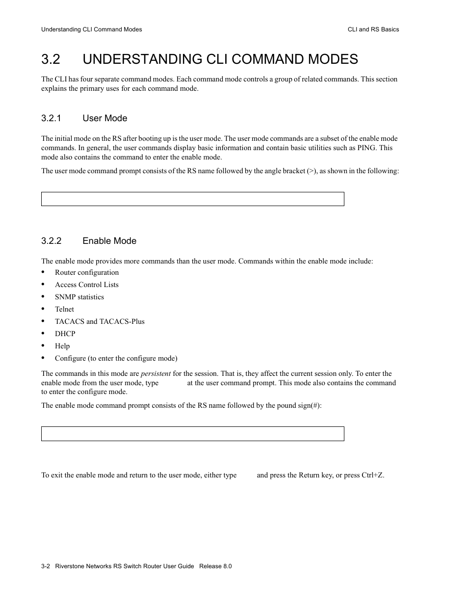 2 understanding cli command modes, 1 user mode, 2 enable mode | Understanding cli command modes -2, User mode -2, Enable mode -2 | Riverstone Networks WICT1-12 User Manual | Page 44 / 718