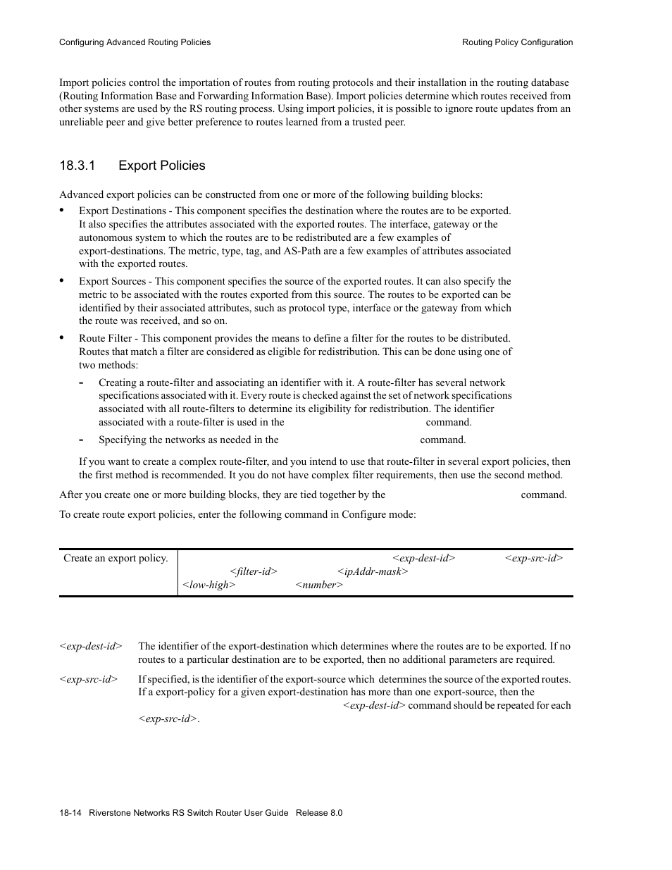 1 export policies, Export policies -14 | Riverstone Networks WICT1-12 User Manual | Page 444 / 718
