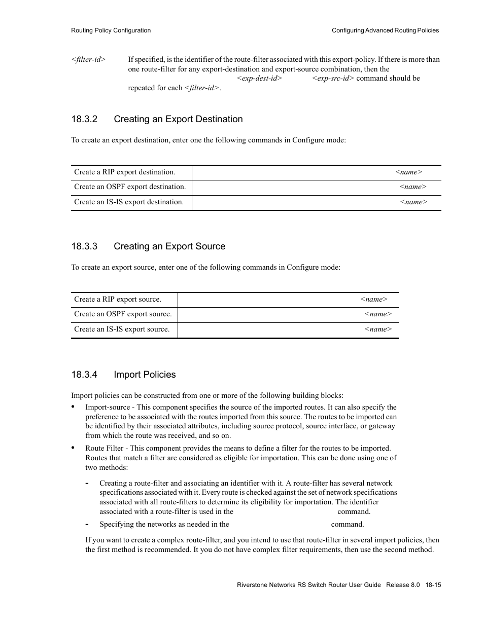2 creating an export destination, 3 creating an export source, 4 import policies | Creating an export destination -15, Creating an export source -15, Import policies -15 | Riverstone Networks WICT1-12 User Manual | Page 445 / 718