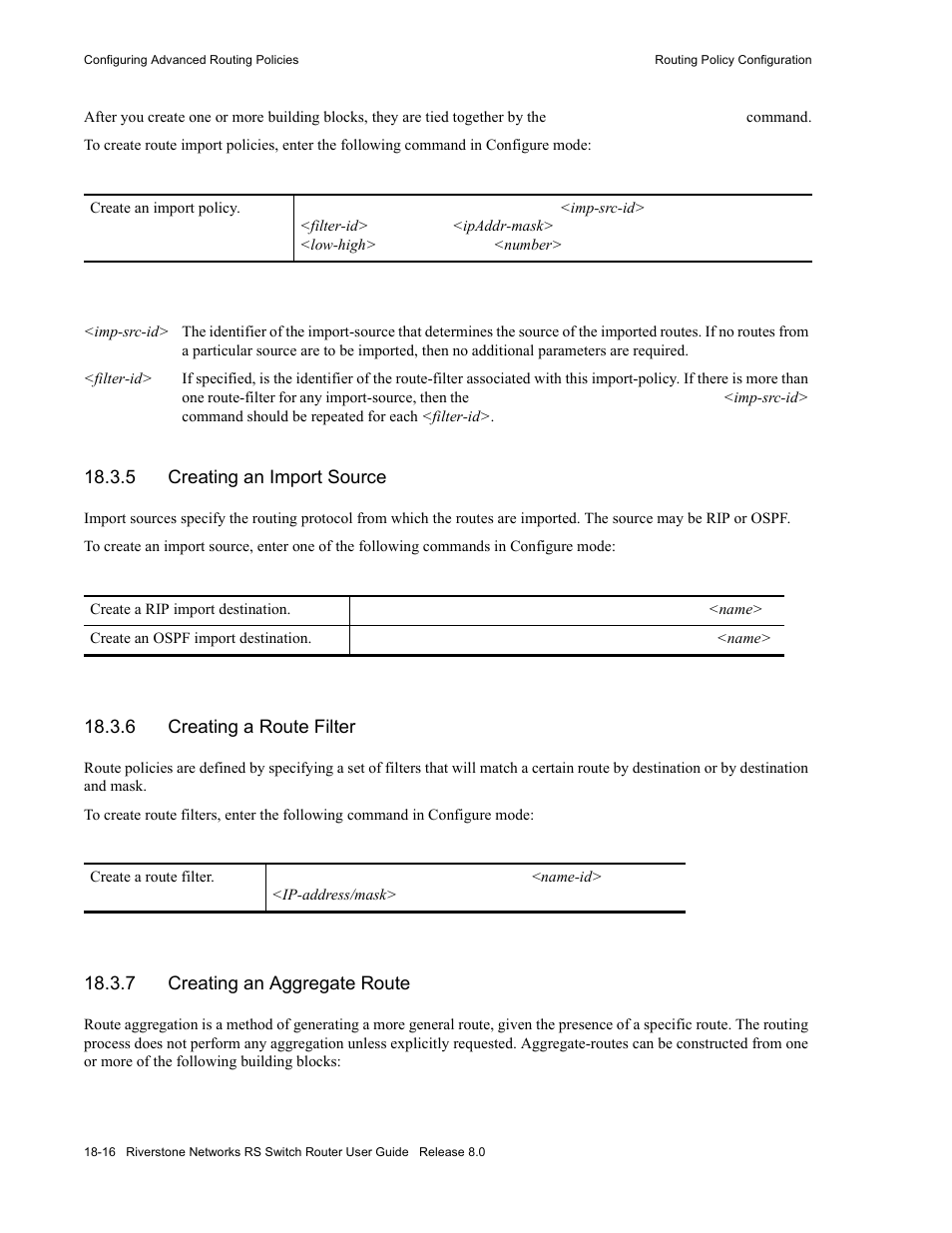 5 creating an import source, 6 creating a route filter, 7 creating an aggregate route | Creating an import source -16, Creating a route filter -16, Creating an aggregate route -16 | Riverstone Networks WICT1-12 User Manual | Page 446 / 718