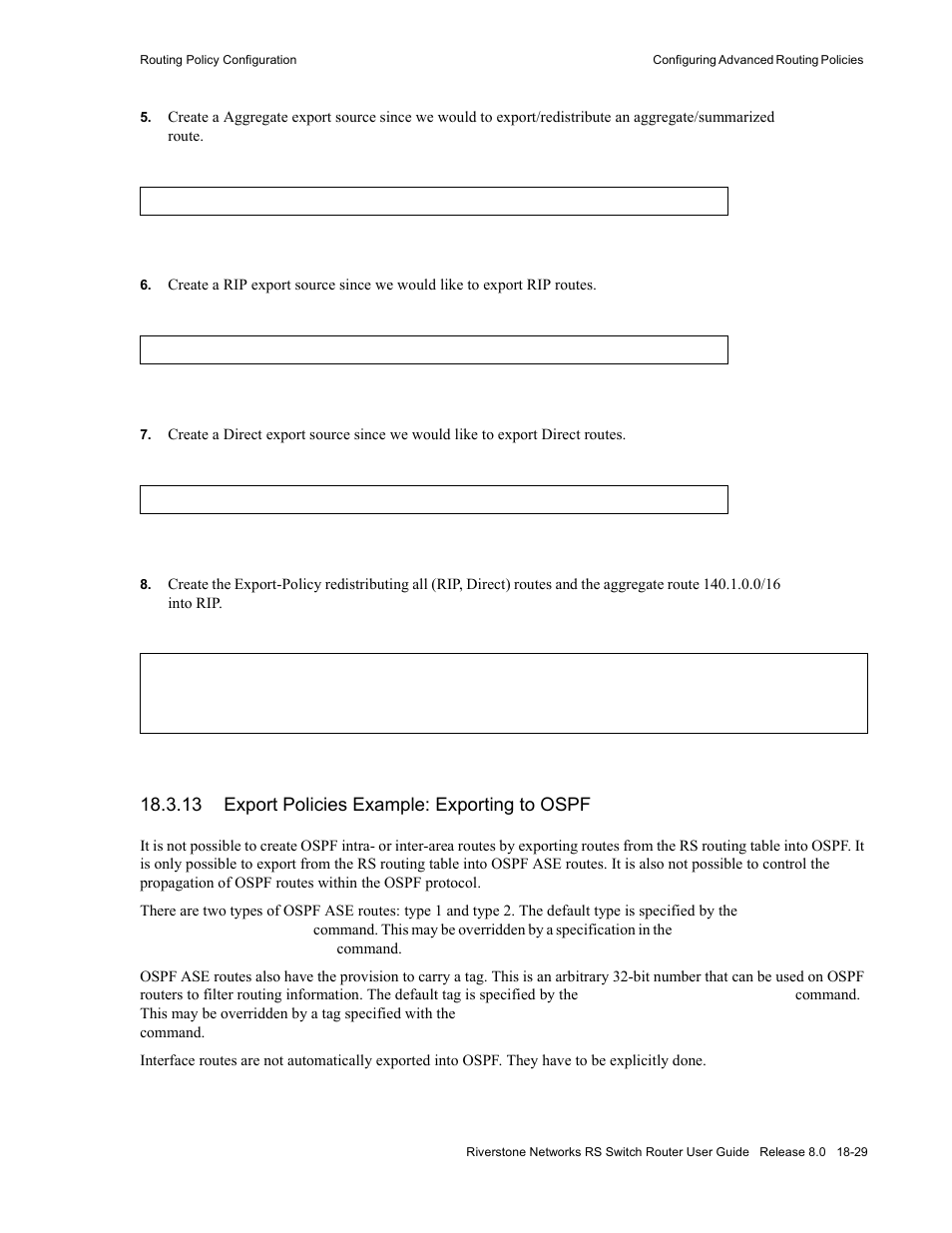 13 export policies example: exporting to ospf, Export policies example: exporting to ospf -29 | Riverstone Networks WICT1-12 User Manual | Page 459 / 718