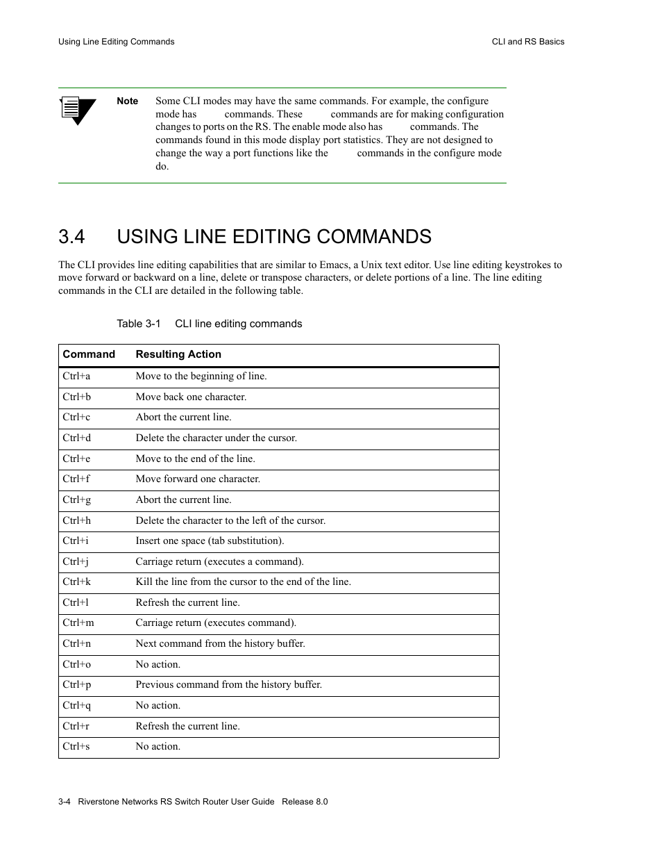 4 using line editing commands, Using line editing commands -4, Table 3-1 | Cli line editing commands -4 | Riverstone Networks WICT1-12 User Manual | Page 46 / 718