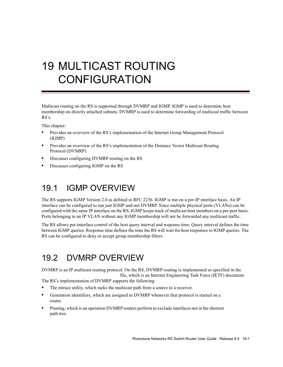 19 multicast routing configuration, 1 igmp overview, 2 dvmrp overview | Multicast routing configuration -1, Igmp overview -1, Dvmrp overview -1 | Riverstone Networks WICT1-12 User Manual | Page 465 / 718