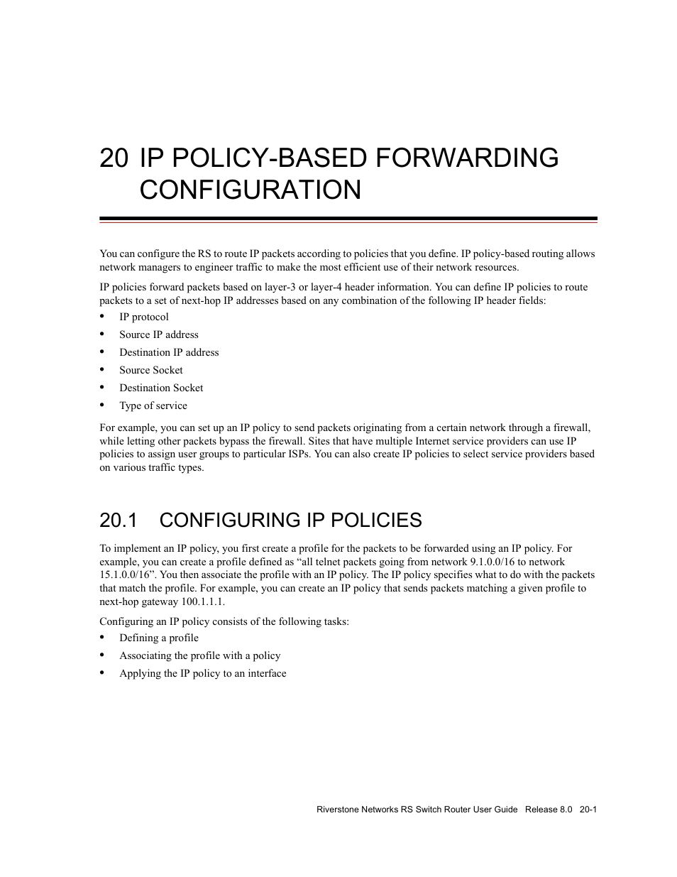 20 ip policy-based forwarding configuration, 1 configuring ip policies, Ip policy-based forwarding configuration -1 | Configuring ip policies -1 | Riverstone Networks WICT1-12 User Manual | Page 473 / 718