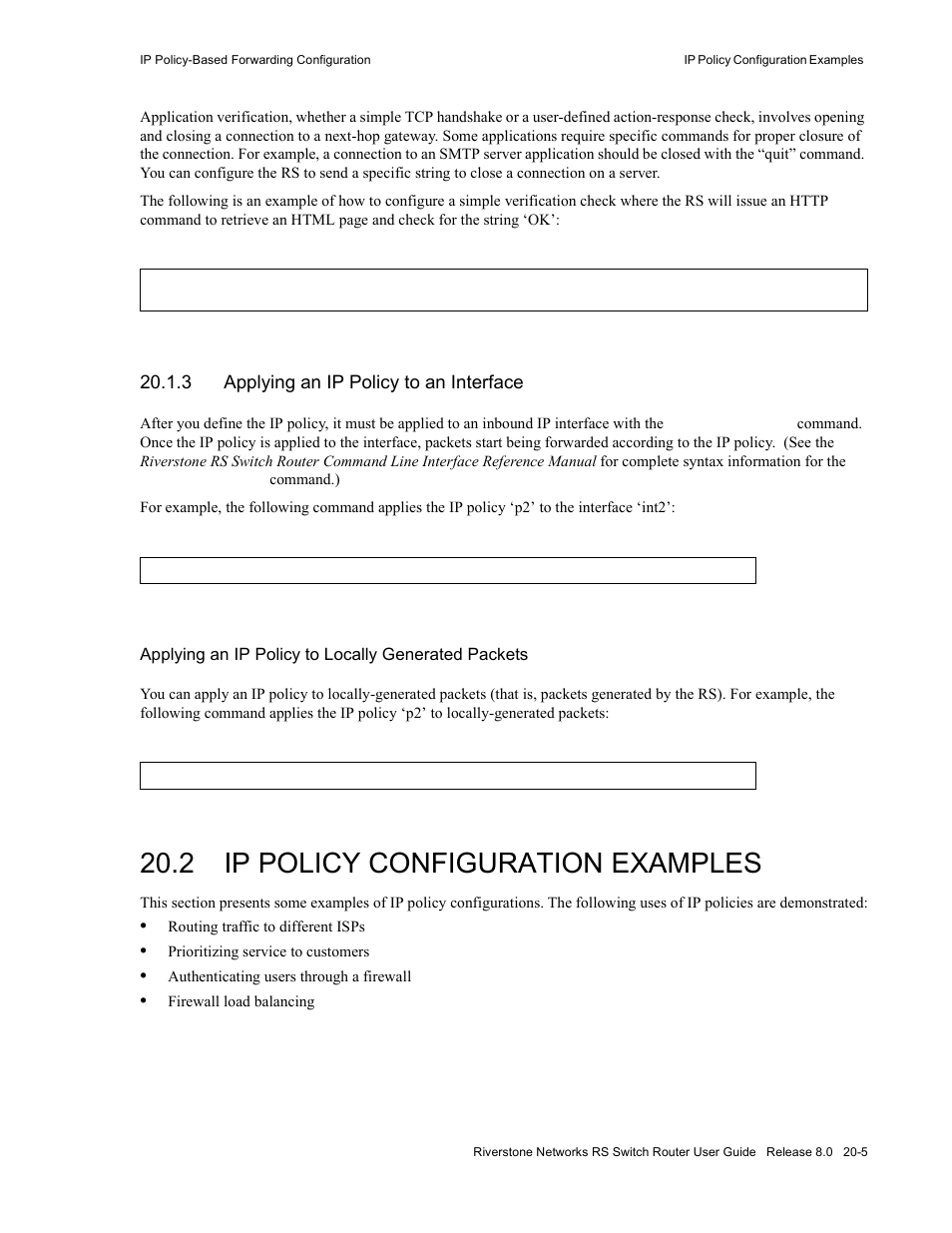 3 applying an ip policy to an interface, 2 ip policy configuration examples, Applying an ip policy to an interface -5 | Ip policy configuration examples -5 | Riverstone Networks WICT1-12 User Manual | Page 477 / 718