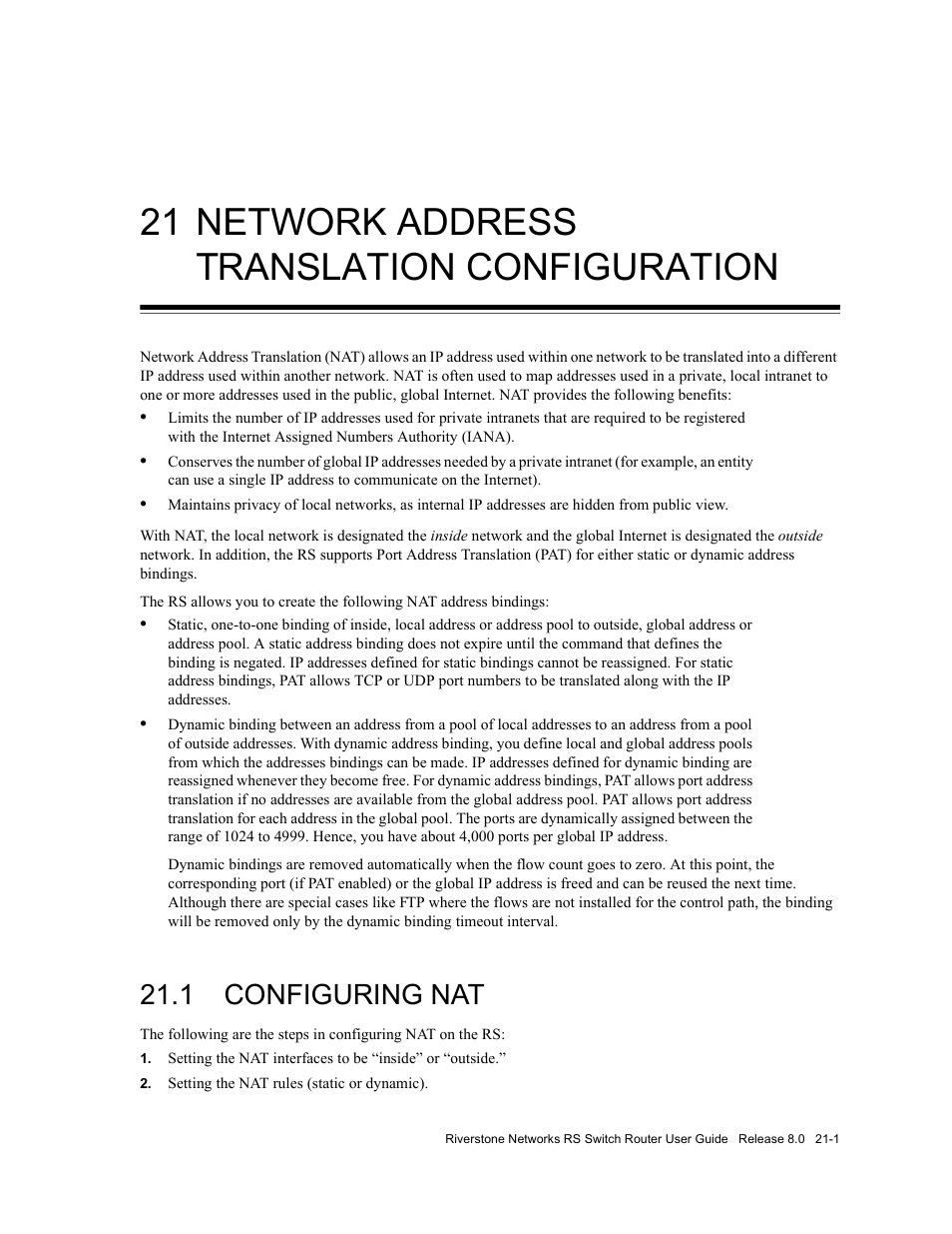21 network address translation configuration, 1 configuring nat, Network address translation configuration -1 | Configuring nat -1 | Riverstone Networks WICT1-12 User Manual | Page 487 / 718
