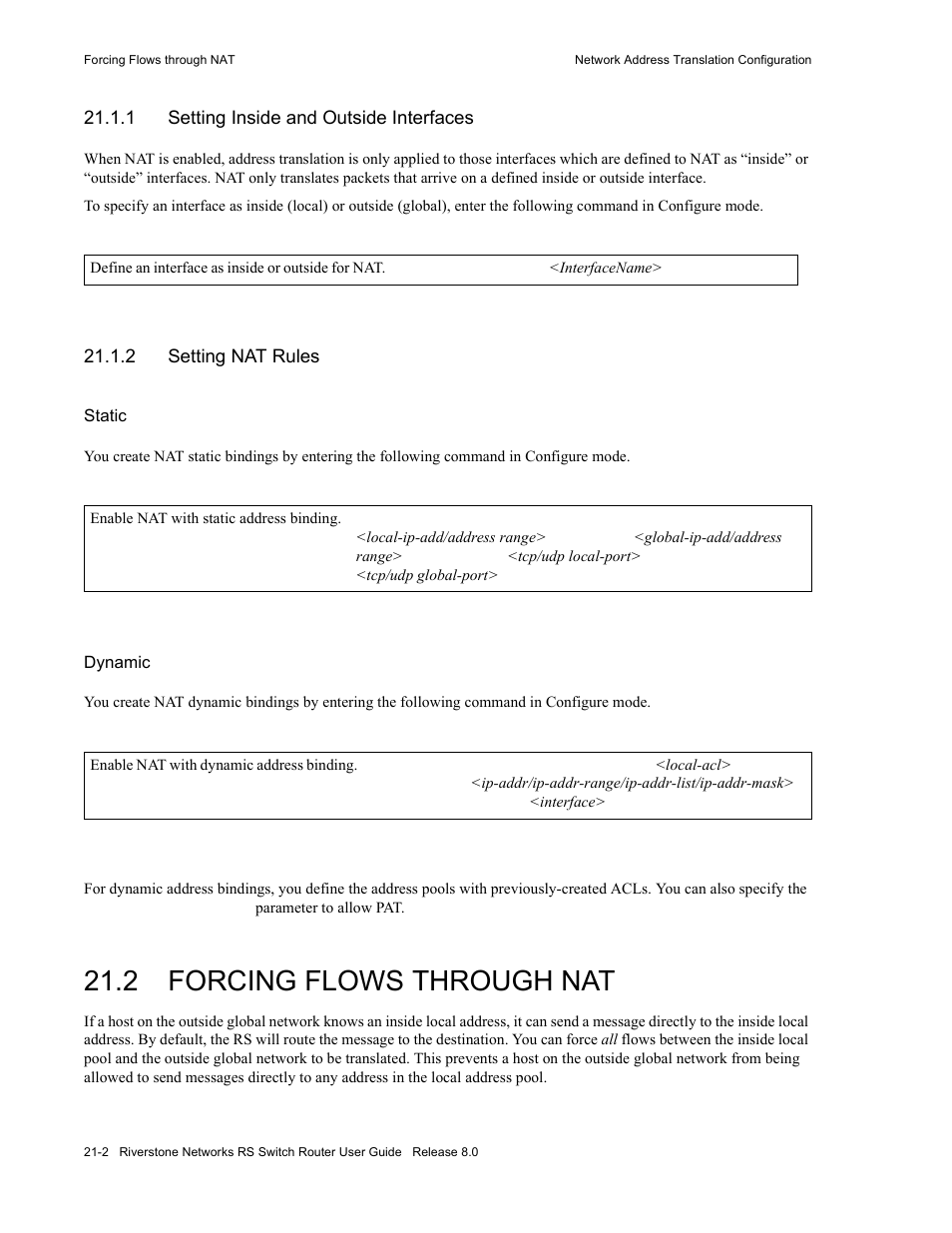1 setting inside and outside interfaces, 2 setting nat rules, 2 forcing flows through nat | Setting inside and outside interfaces -2, Setting nat rules -2, Forcing flows through nat -2 | Riverstone Networks WICT1-12 User Manual | Page 488 / 718
