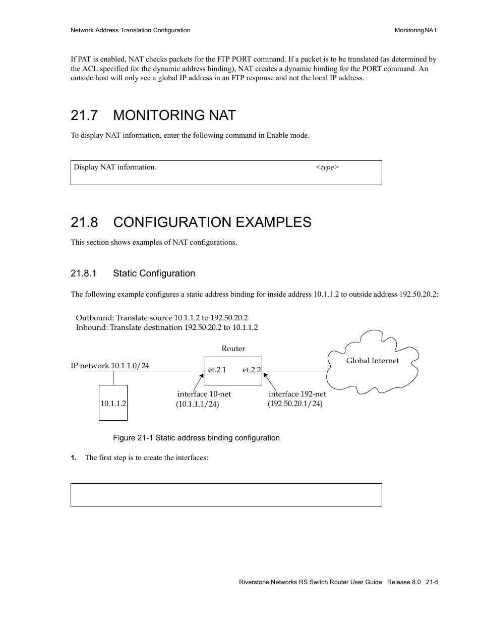7 monitoring nat, 8 configuration examples, 1 static configuration | Monitoring nat -5, Configuration examples -5, Static configuration -5 | Riverstone Networks WICT1-12 User Manual | Page 491 / 718