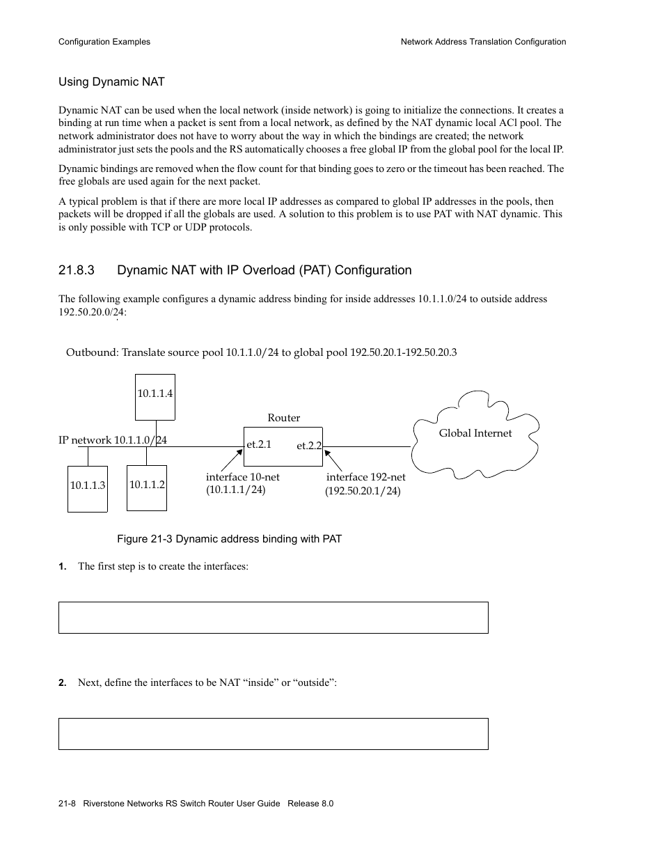 3 dynamic nat with ip overload (pat) configuration, Figure 21-3 dynamic address binding with pat -8 | Riverstone Networks WICT1-12 User Manual | Page 494 / 718