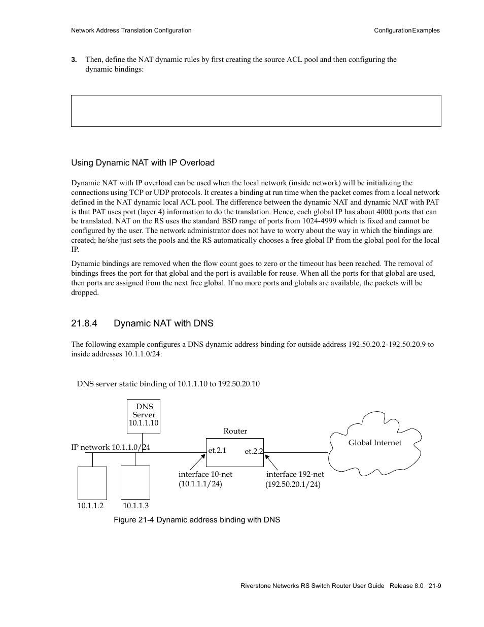 4 dynamic nat with dns, Dynamic nat with dns -9, Figure 21-4 dynamic address binding with dns -9 | Riverstone Networks WICT1-12 User Manual | Page 495 / 718