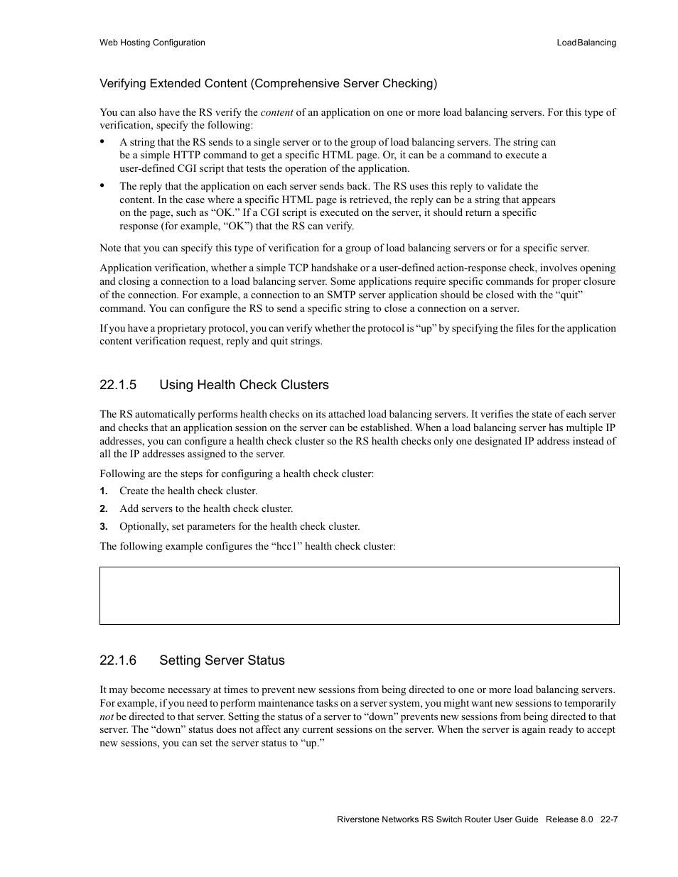 5 using health check clusters, 6 setting server status, Using health check clusters -7 | Setting server status -7 | Riverstone Networks WICT1-12 User Manual | Page 505 / 718