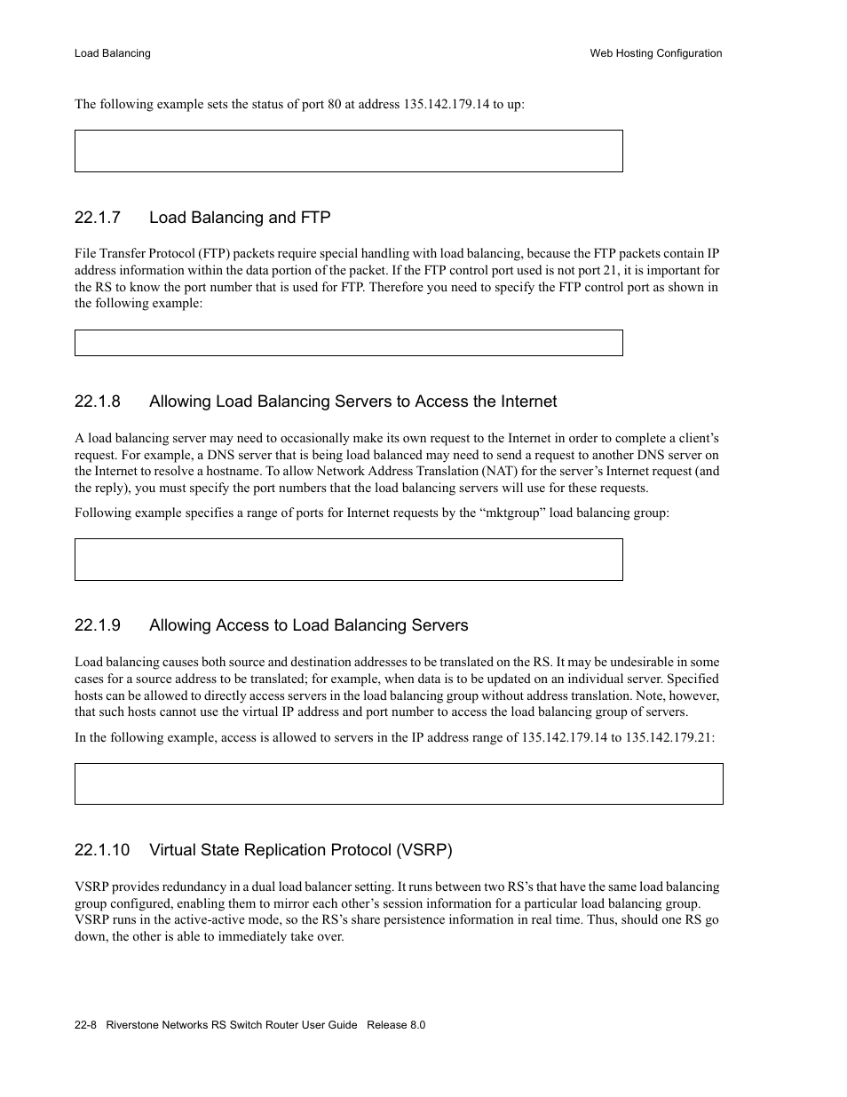 7 load balancing and ftp, 9 allowing access to load balancing servers, 10 virtual state replication protocol (vsrp) | Load balancing and ftp -8, Allowing access to load balancing servers -8, Virtual state replication protocol (vsrp) -8 | Riverstone Networks WICT1-12 User Manual | Page 506 / 718