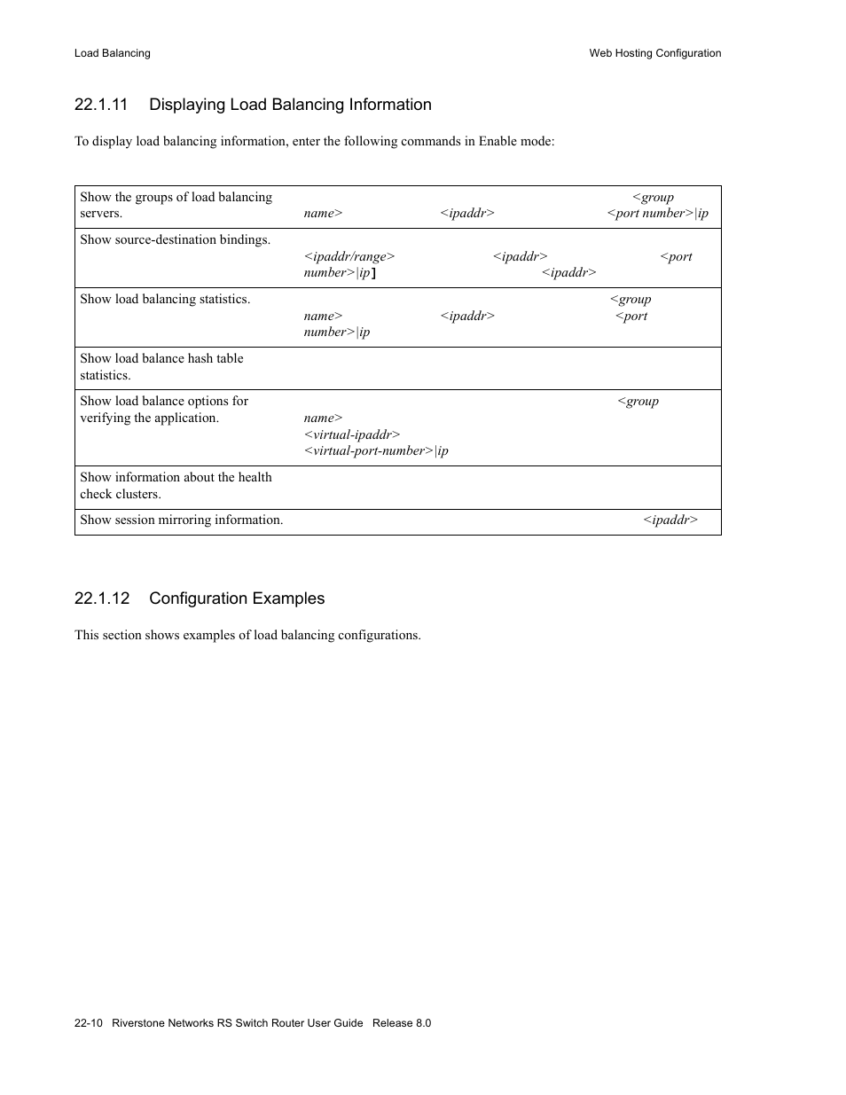 11 displaying load balancing information, 12 configuration examples, Displaying load balancing information -10 | Configuration examples -10 | Riverstone Networks WICT1-12 User Manual | Page 508 / 718