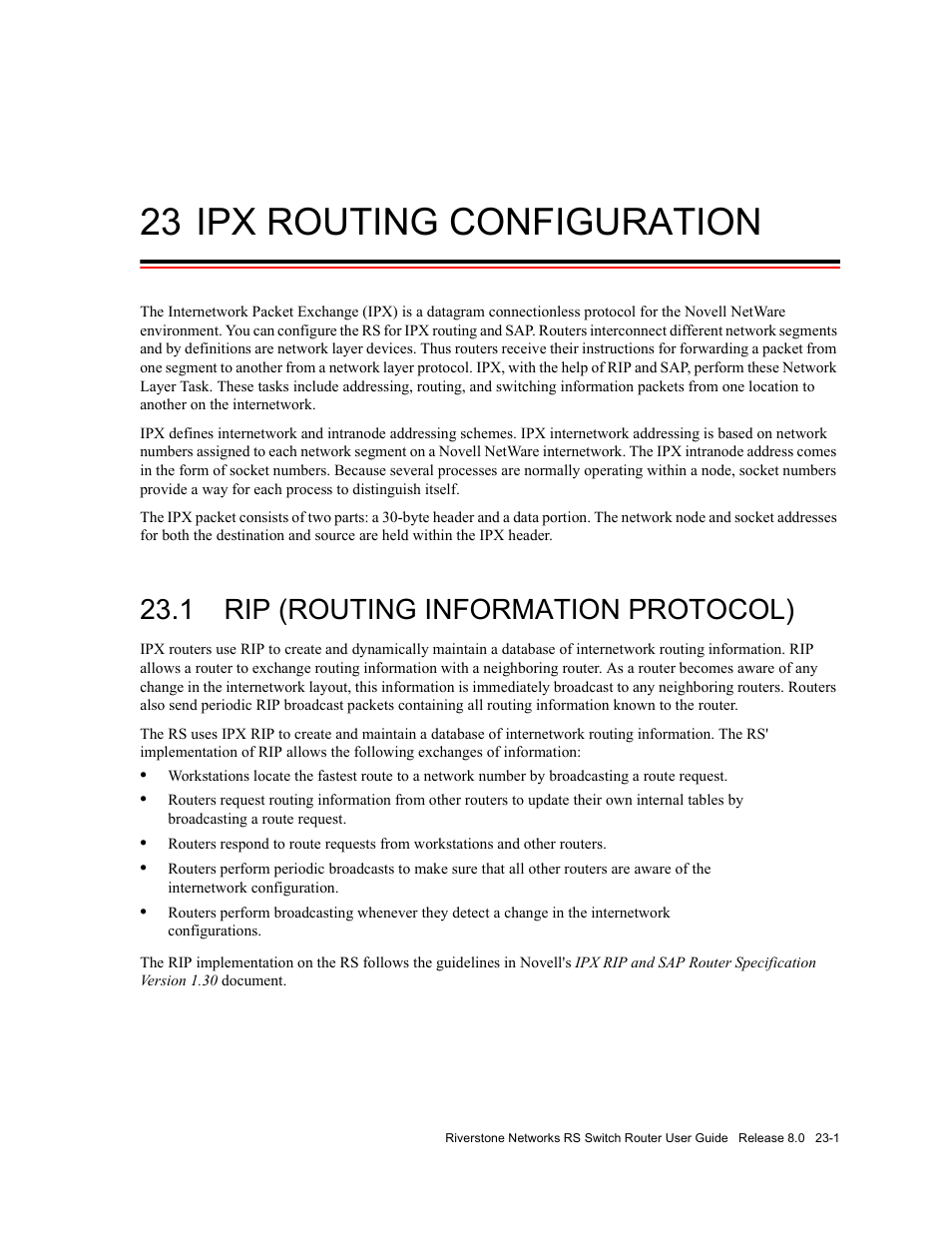 23 ipx routing configuration, 1 rip (routing information protocol), Ipx routing configuration -1 | Rip (routing information protocol) -1 | Riverstone Networks WICT1-12 User Manual | Page 521 / 718