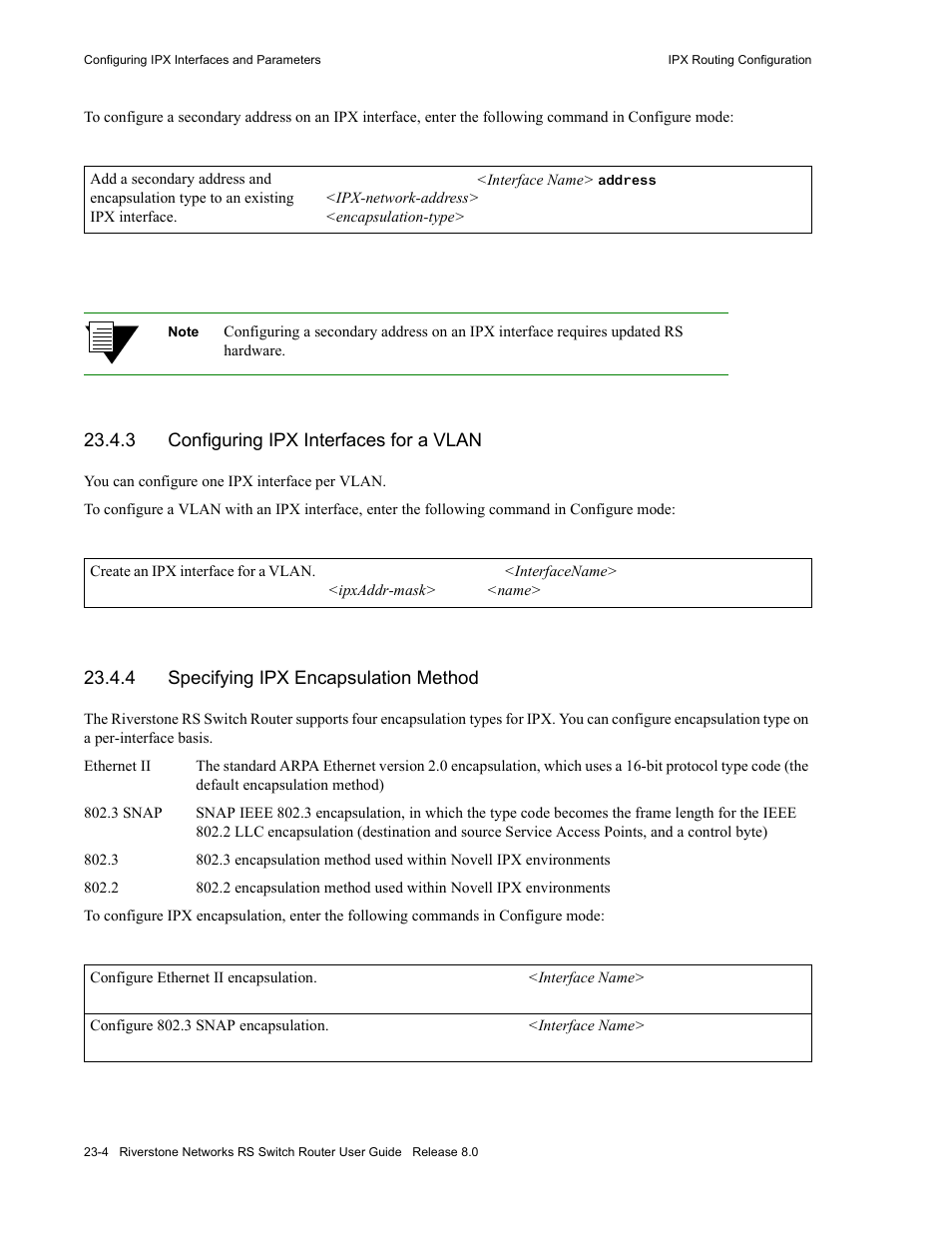 3 configuring ipx interfaces for a vlan, 4 specifying ipx encapsulation method, Configuring ipx interfaces for a vlan -4 | Specifying ipx encapsulation method -4 | Riverstone Networks WICT1-12 User Manual | Page 524 / 718