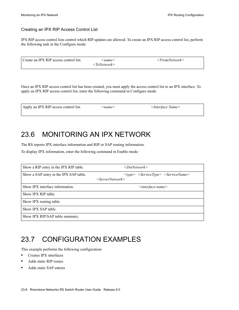 6 monitoring an ipx network, 7 configuration examples, Monitoring an ipx network -8 | Configuration examples -8 | Riverstone Networks WICT1-12 User Manual | Page 528 / 718